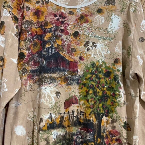 WOMEN’s MULTI NATURE PAINTING AUTUMN LANDSCAPE INSPIRED PRINT SHIRT Size-2X - Picture 2 of 6